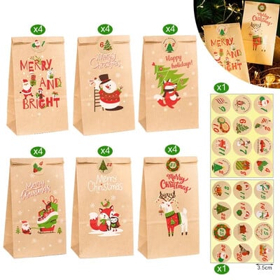 24 ks vianočných darčekových tašiek, adventný kalendár, číslovaná nálepka, darčeková taška, Santa Claus, snehuliak, párty balenie, taška na cukríky, sušienky, kabelka
