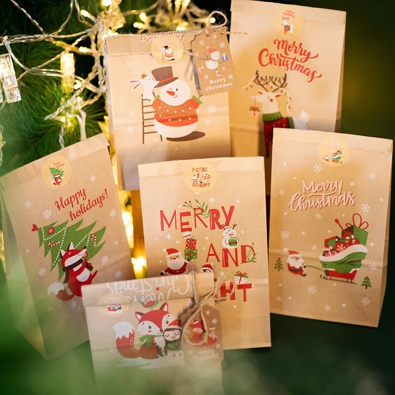 24 ks vianočných darčekových tašiek, adventný kalendár, číslovaná nálepka, darčeková taška, Santa Claus, snehuliak, párty balenie, taška na cukríky, sušienky, kabelka