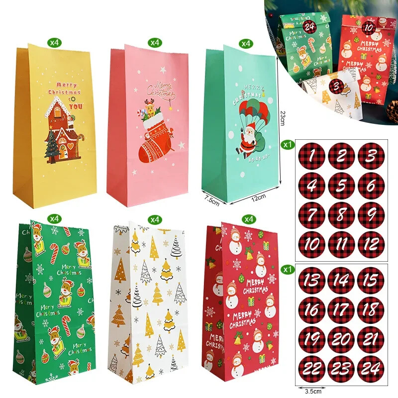 24 ks vianočných darčekových tašiek, adventný kalendár, číslovaná nálepka, darčeková taška, Santa Claus, snehuliak, párty balenie, taška na cukríky, sušienky, kabelka