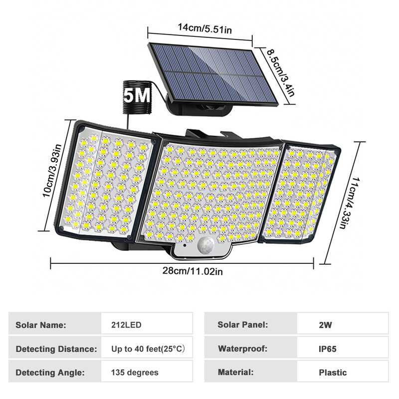 Lumini solare de securitate cu LED Senzor de mișcare în aer liber 234/280/226 Lumină de inundație cu LED IP65 Lampă de perete împărțită, impermeabilă, cu energie solară, în 3 moduri
