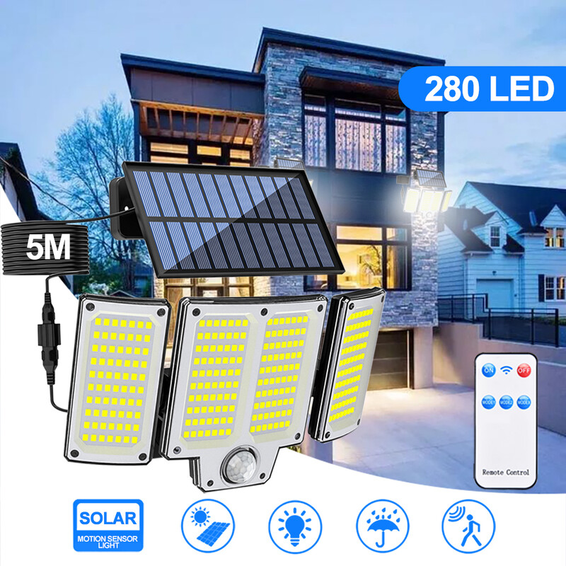 Lumini solare de securitate cu LED Senzor de mișcare în aer liber 234/280/226 Lumină de inundație cu LED IP65 Lampă de perete împărțită, impermeabilă, cu energie solară, în 3 moduri