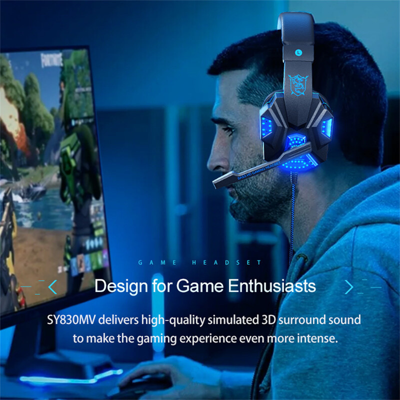 SY830MV Vezetékes fejhallgatók Fülre helyezhető Sztereó Fülhallgatók Hűvös Világítás Játékos Fejhallgató Okostelefonokhoz Számítógépes Laptop Tablet