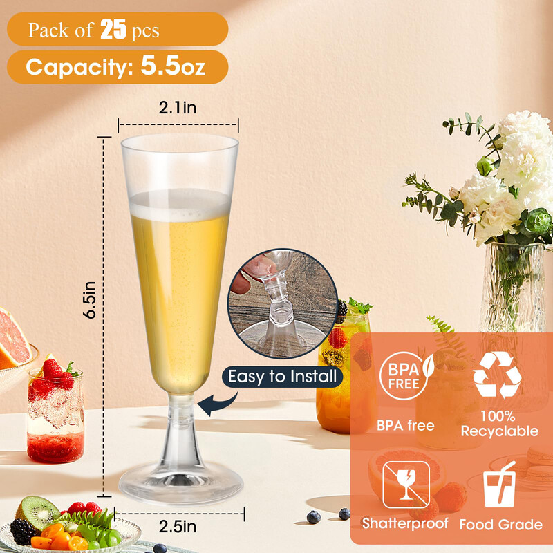 25 опаковки пластмасови флейти за шампанско 5,5 унции чаши за шампанско за еднократна употреба мимоза чаши за сватбени препичания парти чаши за коктейли в насипно състояние