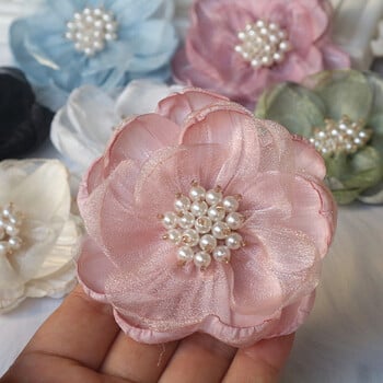 5 τμχ 7,5 εκ. Organza Chiffon Fabric Flower Beads Center Χειροποίητο DIY Φόρεμα κεφαλής τεχνητού λουλουδιού Διακοσμητικά παπούτσια για φουρκέτα