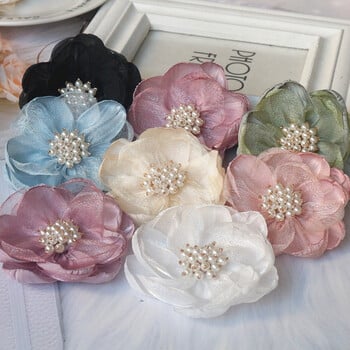 5 τμχ 7,5 εκ. Organza Chiffon Fabric Flower Beads Center Χειροποίητο DIY Φόρεμα κεφαλής τεχνητού λουλουδιού Διακοσμητικά παπούτσια για φουρκέτα