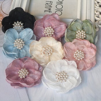 5 τμχ 7,5 εκ. Organza Chiffon Fabric Flower Beads Center Χειροποίητο DIY Φόρεμα κεφαλής τεχνητού λουλουδιού Διακοσμητικά παπούτσια για φουρκέτα