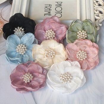 5 τμχ 7,5 εκ. Organza Chiffon Fabric Flower Beads Center Χειροποίητο DIY Φόρεμα κεφαλής τεχνητού λουλουδιού Διακοσμητικά παπούτσια για φουρκέτα