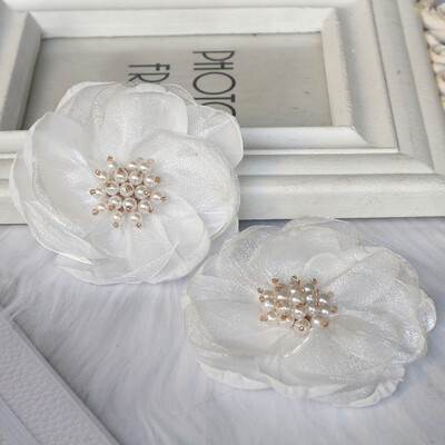 5 vnt 7,5 cm organzos šifono audinio gėlių karoliukų centras rankų darbo „pasidaryk pats“ dirbtinių gėlių galvos apdangalai Suknelė plaukų segtukų batų dekoras