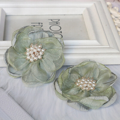 5 vnt 7,5 cm organzos šifono audinio gėlių karoliukų centras rankų darbo „pasidaryk pats“ dirbtinių gėlių galvos apdangalai Suknelė plaukų segtukų batų dekoras