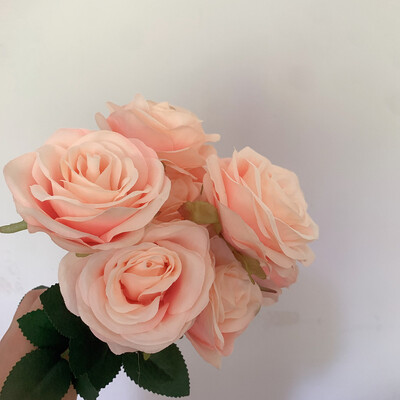 9fejű Rózsa csokor Művirág bézs barack krémes Pezsgőrózsa Hamis rózsa Nappali dekoráció Esküvő
