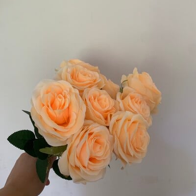 9fejű Rózsa csokor Művirág bézs barack krémes Pezsgőrózsa Hamis rózsa Nappali dekoráció Esküvő