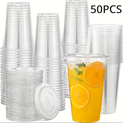 50 seturi de pahare din plastic de 16 oz cu capac, cești transparente de unică folosință, pentru petreceri, cafea cu gheață, smoothie, milkshake, băuturi reci