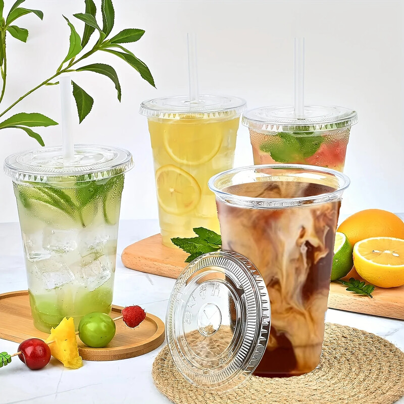 50 sád 16OZ plastových pohárov s viečkami, priehľadné jednorazové poháre na párty, ľadová káva, smoothie, mliečny kokteil, studené nápoje