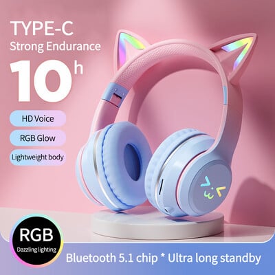 Cat`s Ears Headset RGB Light Smile Face TWS Headset Gradient Új fejhallgató Rózsaszín kislány fülhallgató ajándék bármilyen telefonhoz