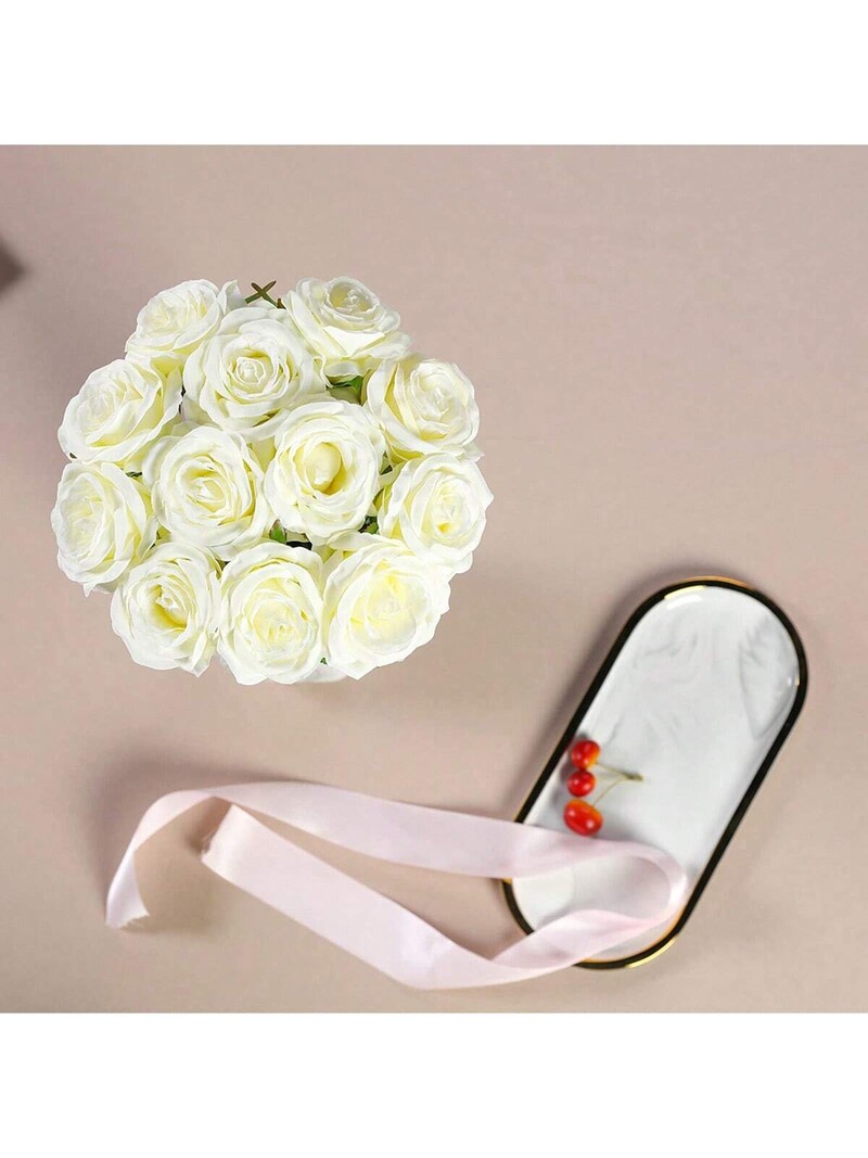 12 vnt Dirbtinio šilko gėlių tikroviškų rožių puokštė, ilgas stiebas, skirtas namų vestuvių dekoravimui (balta)