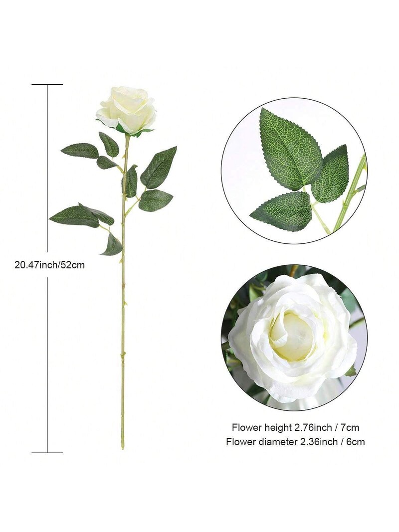 12 vnt Dirbtinio šilko gėlių tikroviškų rožių puokštė, ilgas stiebas, skirtas namų vestuvių dekoravimui (balta)