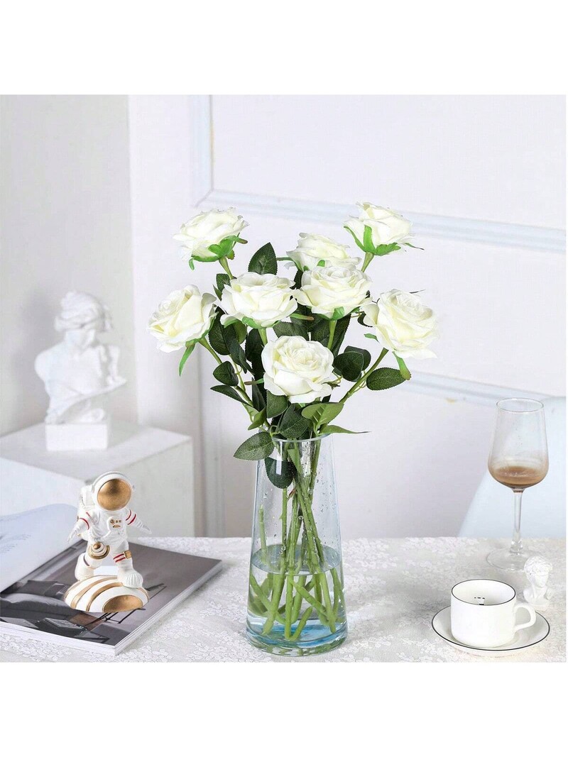 12 vnt Dirbtinio šilko gėlių tikroviškų rožių puokštė, ilgas stiebas, skirtas namų vestuvių dekoravimui (balta)