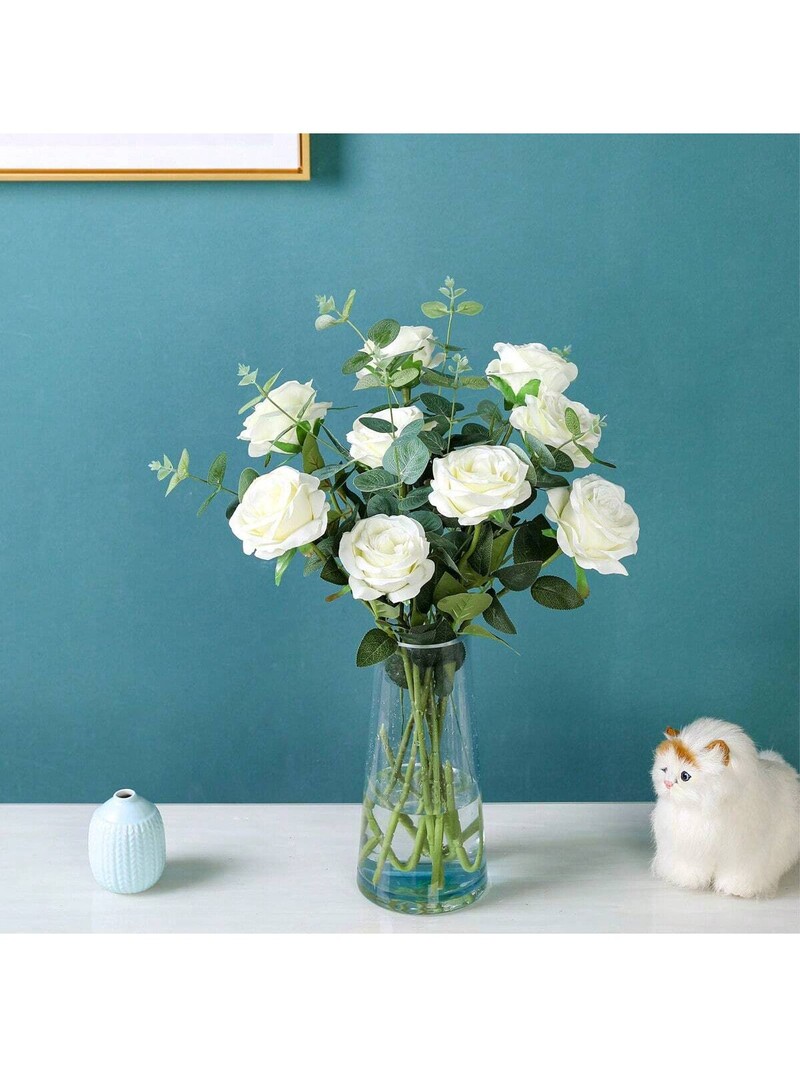 12 vnt Dirbtinio šilko gėlių tikroviškų rožių puokštė, ilgas stiebas, skirtas namų vestuvių dekoravimui (balta)