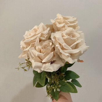 7 Heads Roses Bouquet Artificial Flower Beige Ivory Vintage Rose Μεγάλο Μέγεθος Τριαντάφυλλο Σαλόνι Dry Flower Διακόσμηση Γάμου