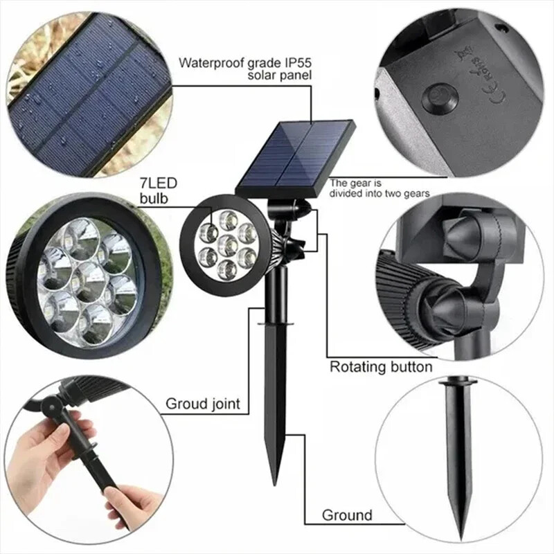 1 ks solárne napájané 7LED lampy nastaviteľné solárne bodové svetlo zapustené do zeme IP65 vodotesné krajinné nástenné svetlo vonkajšie osvetlenie