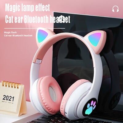 Ασύρματο ακουστικό P47M Flash Light Cute Cat Bluetooth με Mic Control LED Stereo Music κράνος Τηλέφωνο Bluetooth Ακουστικά Δώρο