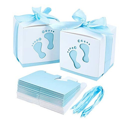 10 бр. Кутии за новородени бебета Отпечатъци от крачета Бонбони Baby Shower Кутия за подаръци Синьо-розова хартиена торбичка Парти за рожден ден