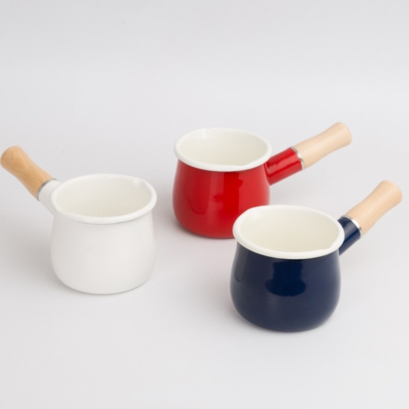 Nelipnus emaliuotas kavos puodas su medinėmis rankenomis Puodo indas sviesto šildytuvas Daugiafunkcis keptuvės virtuvės įrankis