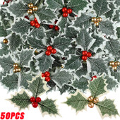 50/5 db mesterséges magyal bogyó zöld levelek barkácsoláshoz karácsonyi koszorú esküvői virág otthon esküvői parti dekoráció hamis bogyók