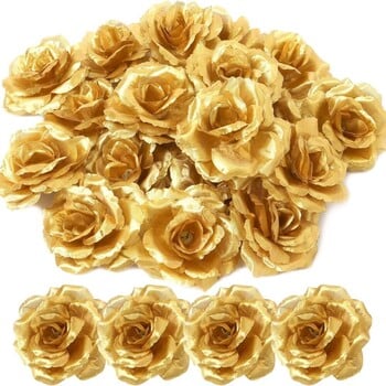 25Pcs Blossom Silk Rose Flower Heads Изкуствени златни рози Flowers Gold Faux Silk Silk Flower Heads за сватба на Свети Валентин