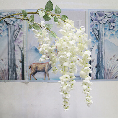 Naujas pristatymas One Silk Wisteria kabantis žalumynas, dirbtinis 6 gėlių stygos auksinis dušo medžio šakelė, skirta sienų gėlių dekoravimui