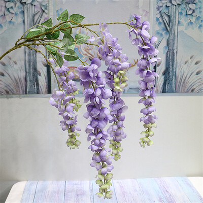 Naujas pristatymas One Silk Wisteria kabantis žalumynas, dirbtinis 6 gėlių stygos auksinis dušo medžio šakelė, skirta sienų gėlių dekoravimui
