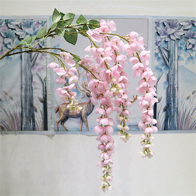 Naujas pristatymas One Silk Wisteria kabantis žalumynas, dirbtinis 6 gėlių stygos auksinis dušo medžio šakelė, skirta sienų gėlių dekoravimui