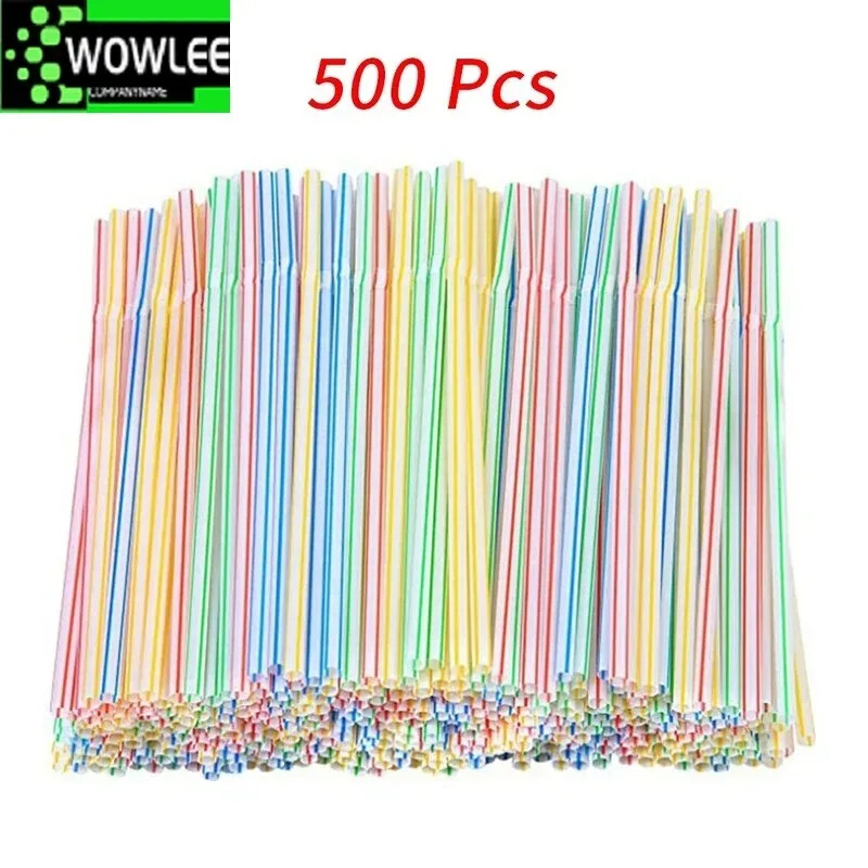 500 db Rugalmas műanyag szívószál csíkos többszínű eldobható hosszú hajlítható vegyes szívószál újrafelhasználható parti kellékek bár tartozékok