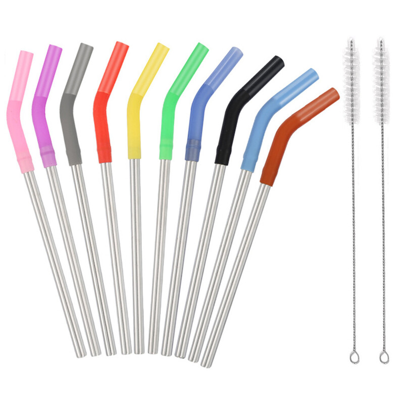 10 vnt Vidinis puodas nerūdijančio plieno buteliai birūs šiaudeliai daugkartinio naudojimo silikono siurbimo antgalis gėrimui išlenktas maisto kokybės