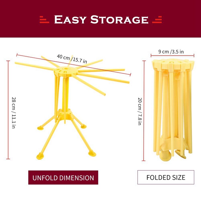 Sulankstoma makaronų džiovinimo lentyna Geltona plastikinė sulankstoma spagečių kabykla makaronų džiovintuvo stovas su 10 strypų rankenomis
