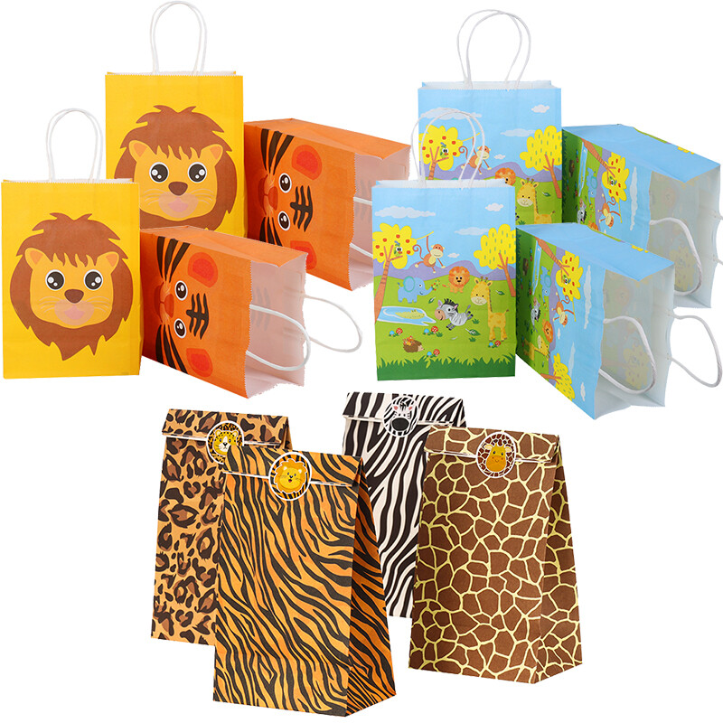 12 bucăți pungi de hârtie kraft pentru petreceri cu tematică de animale din junglă, bomboane, prăjituri, pungi, ambalaje de hârtie pentru cadou pentru copii, băiat, safari, consumabile pentru ziua de naștere