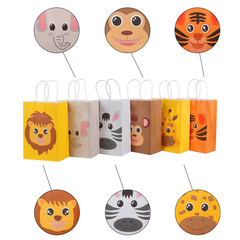 12 bucăți pungi de hârtie kraft pentru petreceri cu tematică de animale din junglă, bomboane, prăjituri, pungi, ambalaje de hârtie pentru cadou pentru copii, băiat, safari, consumabile pentru ziua de naștere