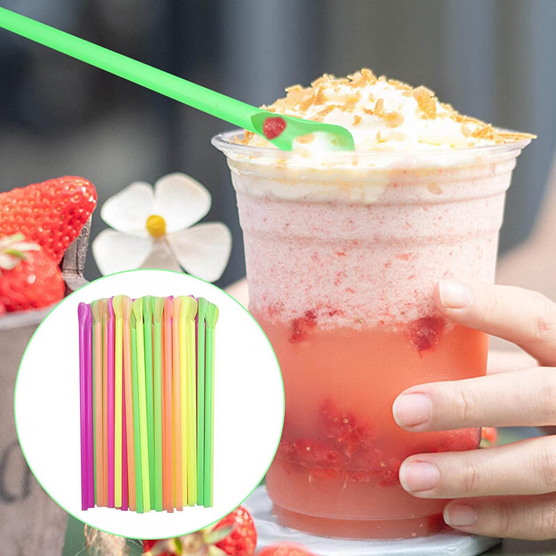 Nauji plastikiniai šaukštų šiaudeliai gėrimų šiaudelių spalvos Pieno kokteilis Smoothie šaukšto šiaudeliai barui Gimtadienio vakarėlio reikmenų didmeninė prekyba