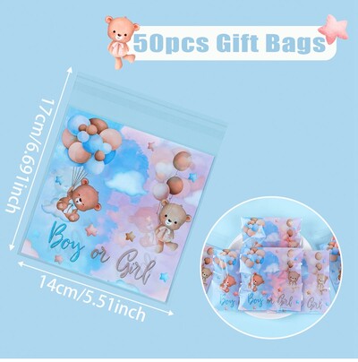 Gender Reveal Genți cu auto-sigilare Saci cu bomboane roz și albastre Decor pentru petreceri pentru băiat sau fată Genți cadou cu tematică ursului Decor pentru baby shower