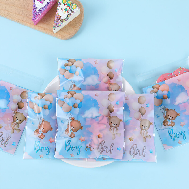 Gender Reveal Genți cu auto-sigilare Saci cu bomboane roz și albastre Decor pentru petreceri pentru băiat sau fată Genți cadou cu tematică ursului Decor pentru baby shower