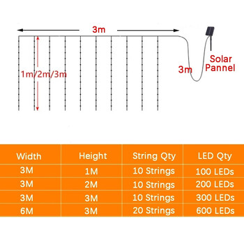 6x3m соларна лампа за завеса LED струнна лампа Коледна декоративна лампа Външен двор Атмосферна светлина Празнична градинска парти светлина