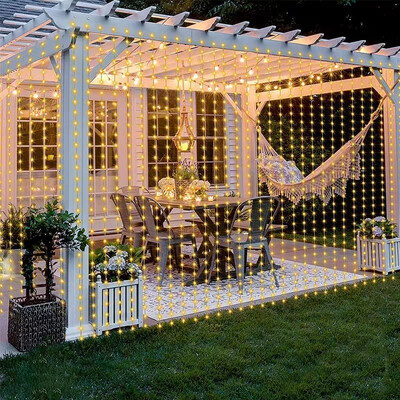 6x3m соларна лампа за завеса LED струнна лампа Коледна декоративна лампа Външен двор Атмосферна светлина Празнична градинска парти светлина