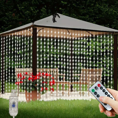 LED užuolaidų šviestuvai, 8 režimų USB pasakų styginiai žibintai su nuotolinio valdymo pulteliu, vestuvių vakarėliui kiemo pavėsinė namų sodo Kalėdų dekoravimui