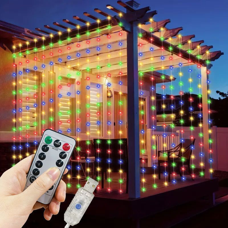 LED užuolaidų šviestuvai, 8 režimų USB pasakų styginiai žibintai su nuotolinio valdymo pulteliu, vestuvių vakarėliui kiemo pavėsinė namų sodo Kalėdų dekoravimui