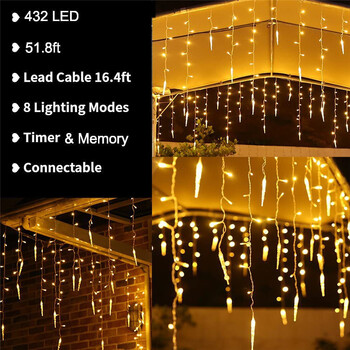 8 Light Mode EU Plug LED κουρτίνα Icicle Lamp String Εξωτερικό Χριστουγεννιάτικο Φωτιστικό Πρωτοχρονιάτικο Φωτιστικό Κώνου Πάγου για εορταστικό μπάνιο γάμου