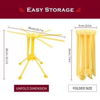Сгъваема поставка за сушене на паста Жълта поставка за сушене Пластмасова сгъваема закачалка за спагети Поставка за сушилня за юфка с 10 бара дръжки