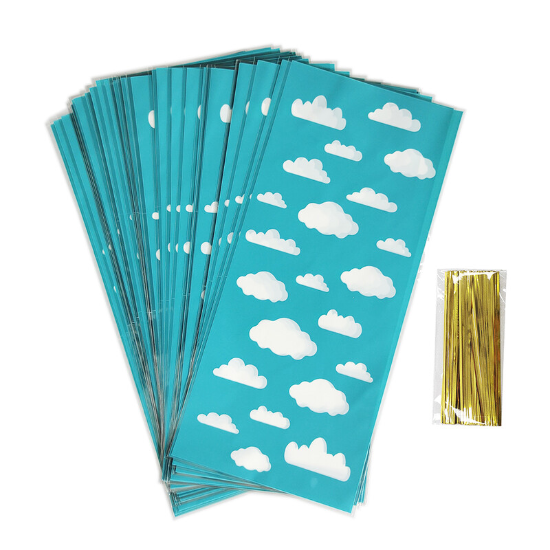 50 komada Plavo nebo Bijeli oblak Celofanske vrećice Zlatne crtiće Priča Tema Party Favor Torbe za bebe Dječji tuš Rođendanski ukrasi