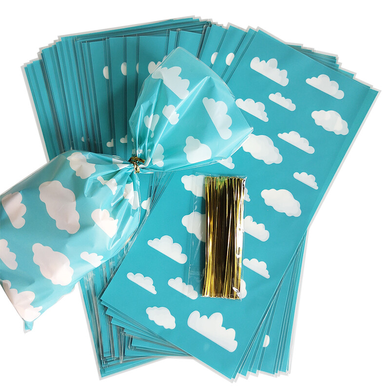 50 komada Plavo nebo Bijeli oblak Celofanske vrećice Zlatne crtiće Priča Tema Party Favor Torbe za bebe Dječji tuš Rođendanski ukrasi