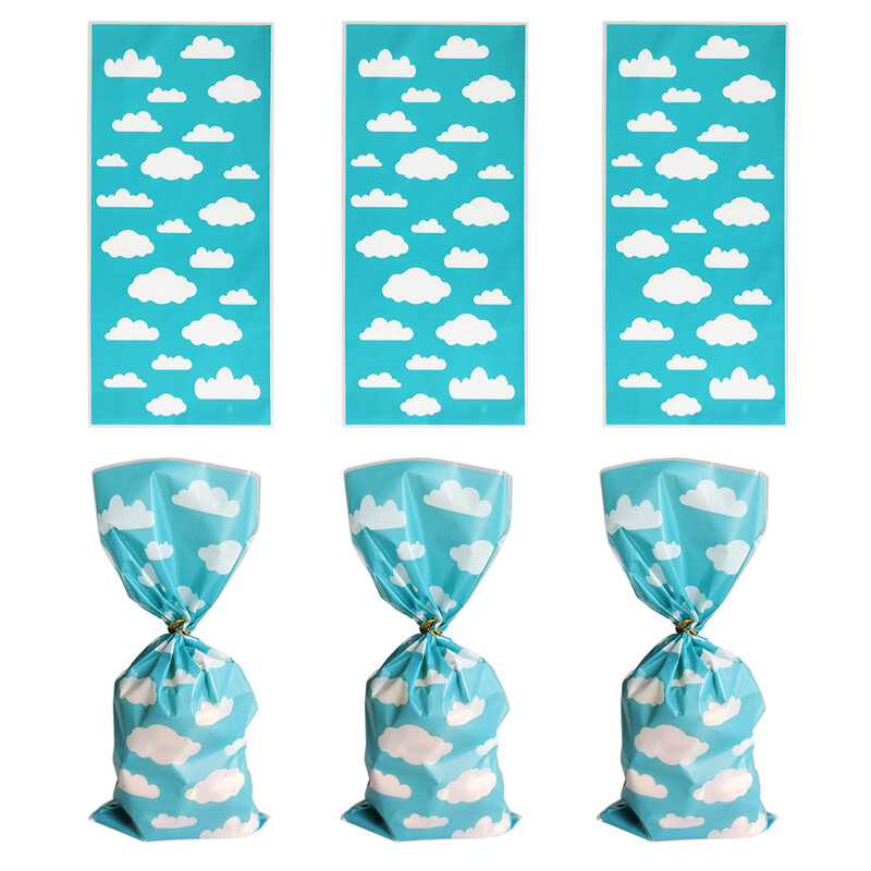 50 komada Plavo nebo Bijeli oblak Celofanske vrećice Zlatne crtiće Priča Tema Party Favor Torbe za bebe Dječji tuš Rođendanski ukrasi