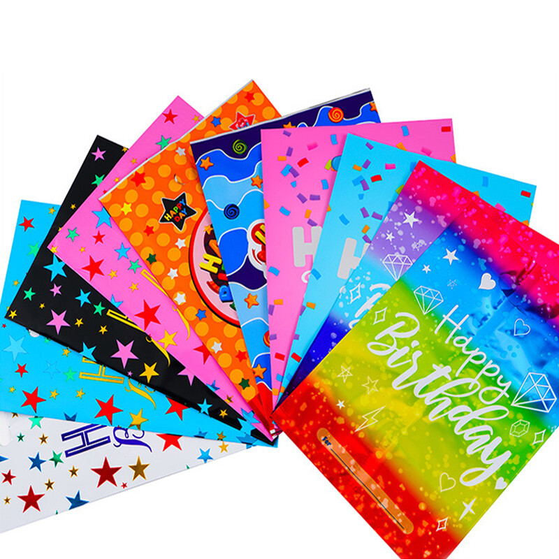 10/20/30 db Születésnapi parti ajándék táska színes csillagok alumínium fólia táska cukorka táska ajándéktáska műanyag csemegezsákok ajándékcsomagolás